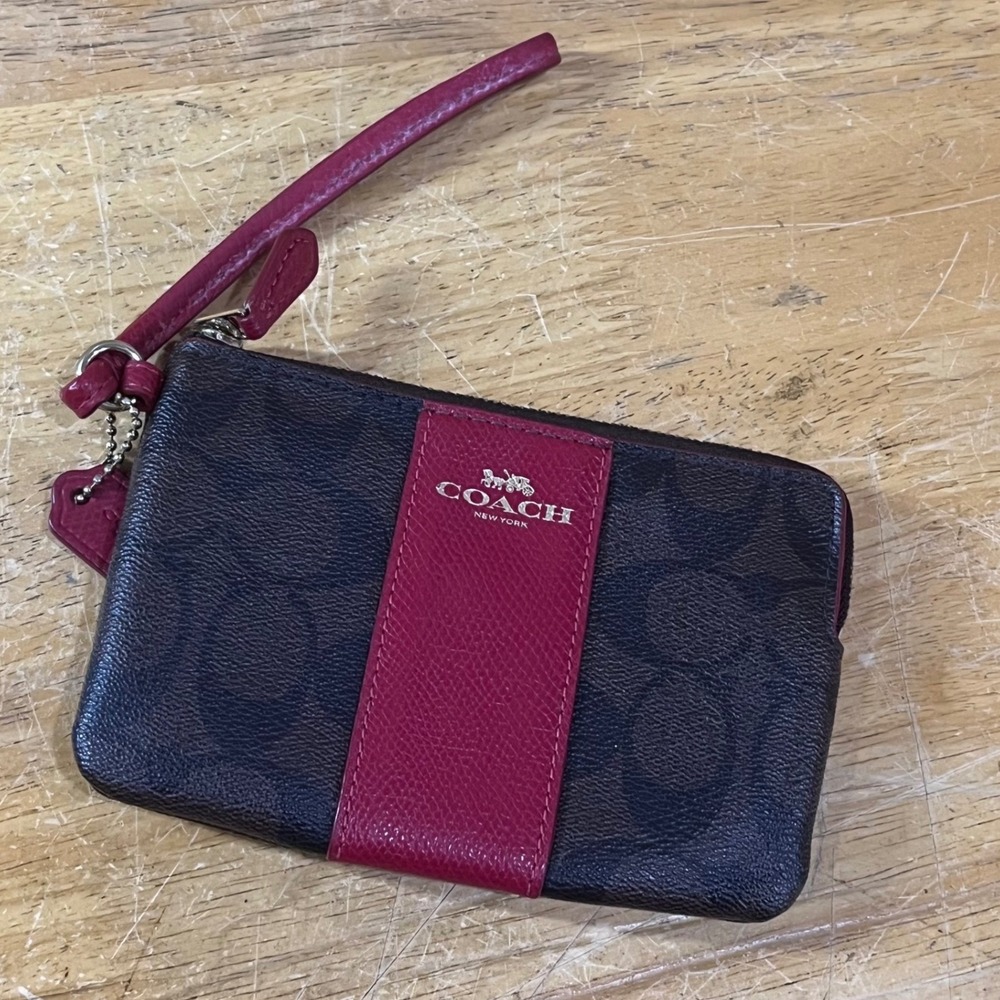 Coach Corner Zip Wristlet Signature Canvas Brown Magenta Stripe F58035